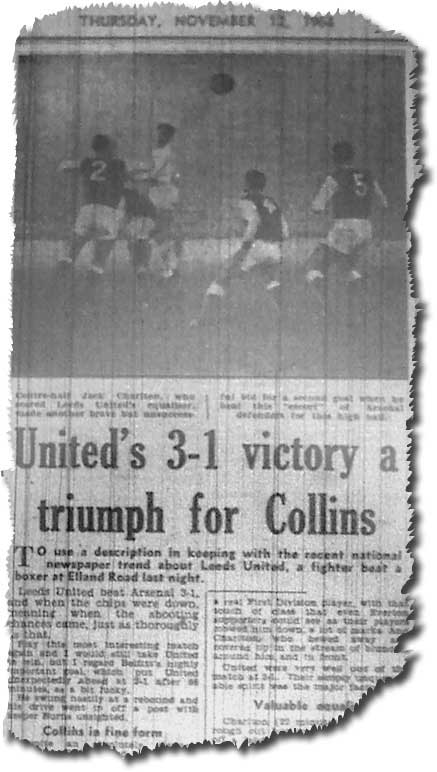 The Yorkshire Evening Post of 12 December 1964 features the 3-1 win against Arsenal and a wonder show from Bobby Collins - the photo is of Jack Charlton troubling the Gunners' defence