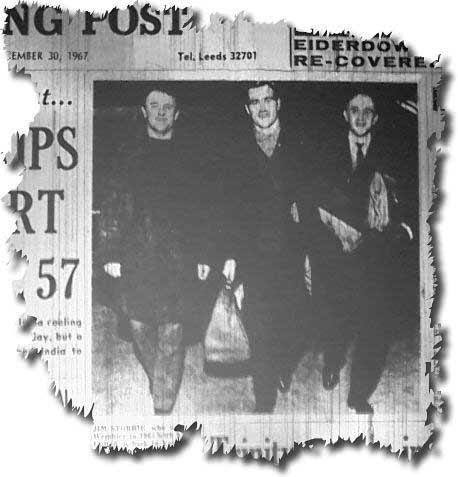 Yorkshire Evening Post 30 December 1967 - Jim Storrie pictured at Yeadon Airport with Rotherham manager Tommy Docherty and assistant manager Fred Green after signing for the Millmoor club