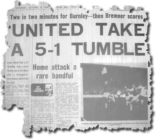 The Yorkshire Evening Post of 19 October 1968 carries the news of the 5-1 defeat at Turf Moor