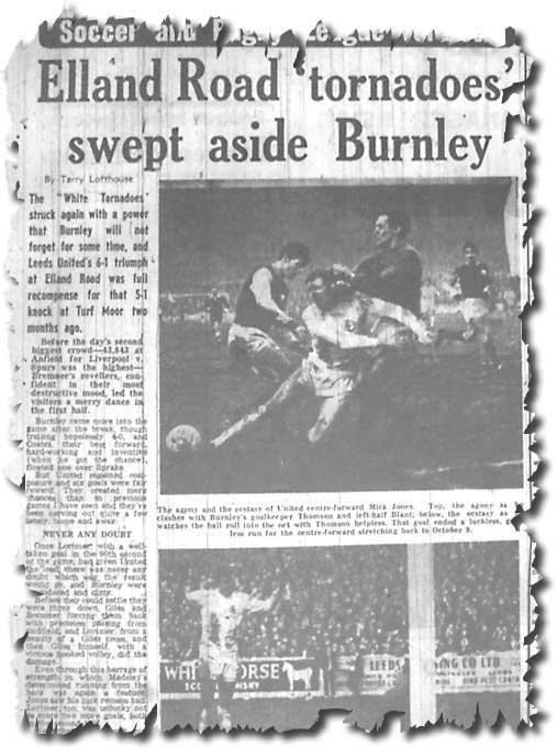 The Yorkshire Evening Post of 23 December 1968 carries Terry Lofthouse's report of United's thrashing of Burnley 2 days previously - featuring pictures of Mick Jones in a painful clash and then scoring the fifth goal