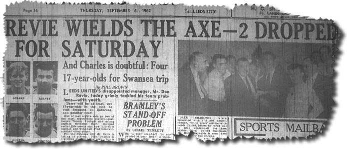 The historic front page of the Yorkshire Evening Post on 6 September, giving the news of the team changes for the Swansea match with Reaney, Hunter and Johnson making their debuts and Sprake also breaking through