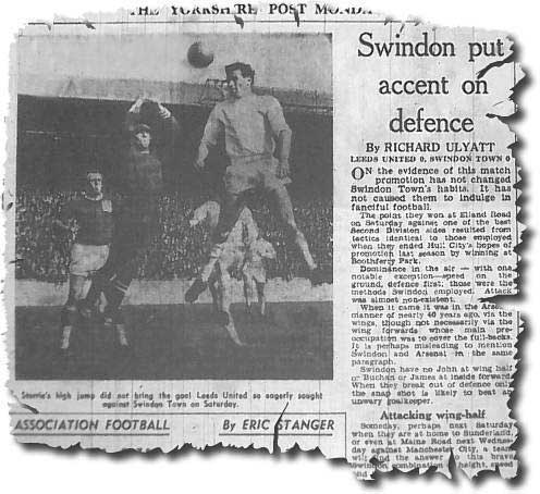 Yorkshire Post 19 September 1963 featuring a picture of Jim Storrie in aerial action in a goalless draw at home to Swindon