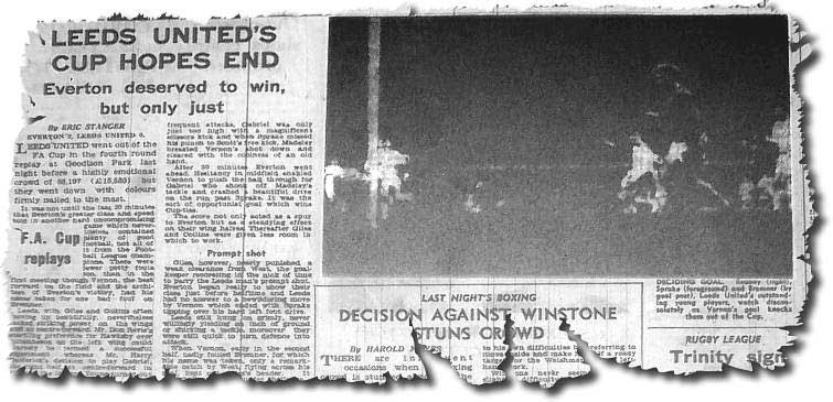 Yorkshire Post 29 January 1964 - Everton 2 Leeds 0 - Reaney, Sprake and Bremner are unable to prevent Vernon scoring