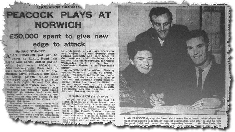 Yorkshire Post 7 February 1964 - Alan Peacock signs for Leeds, watched by his wife and Don Revie