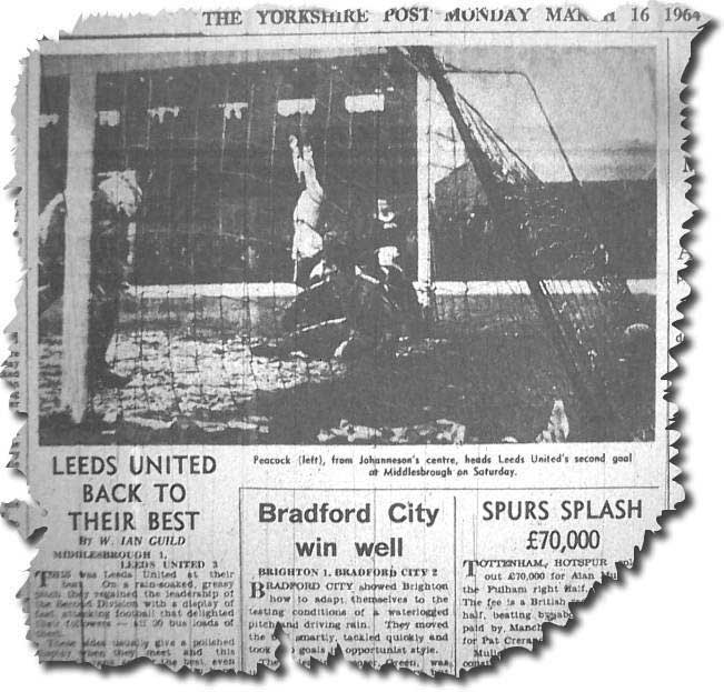 Yorkshire Post 16 March 1964 - Leeds United back to their best - Middlesbrough 1 Leeds United 3 - featuring a picture of Alan Peacock on the left heading United's second