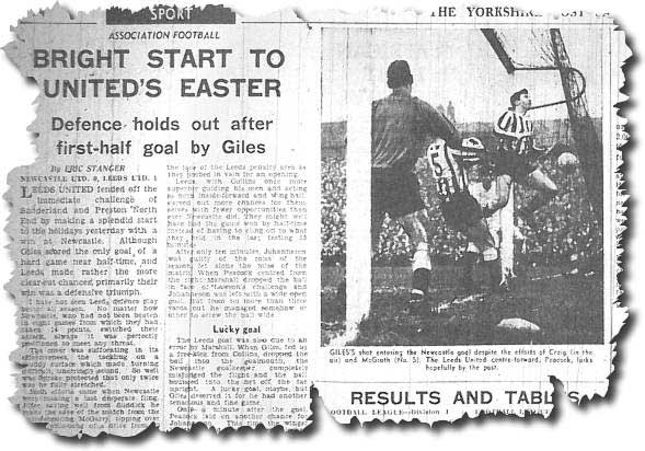 Yorkshire Post 28 March 1964 - Newcastle United 0 Leeds United 1 - Giles' shot enters the net despite the efforts of Craig and McGrath with Peacock on hand to make sure