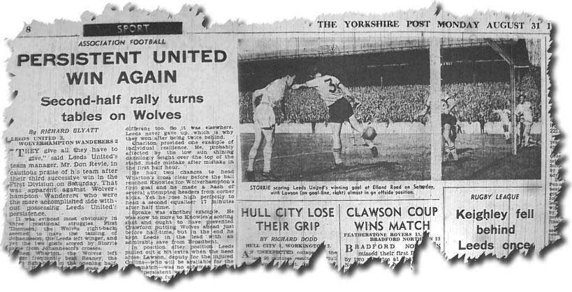 Yorkshire Post 31 August 1964 - Jim Storrie scores the winner against Wolves