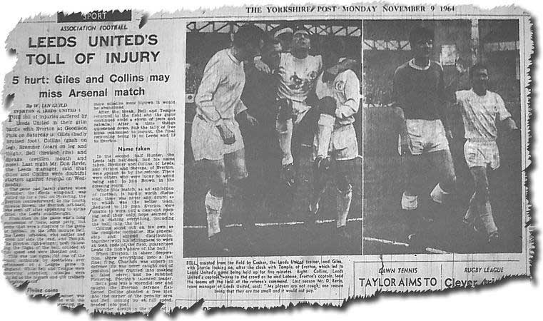 Yorkshire Post 9 November 1964 - Report of the infamous Battle of Goodison showing pictures of Les Cocker and Johnny Giles carrying Willie Bell off and the captains Brian Labone and Bobby Collins leading their teams off at the referee's behest