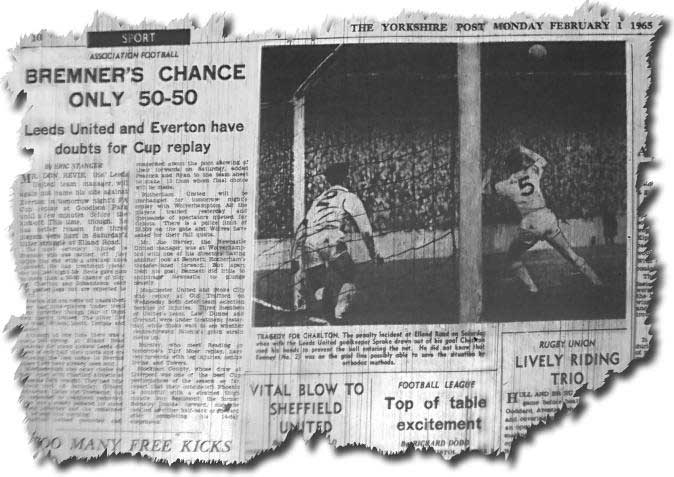 Yorkshire Post 1 February 1965 - Jack Charlton concedes a penalty for hands against Everton with Paul Reaney in close attendance