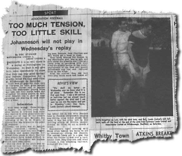 Yorkshire Post 29 March 1965 reporting the grim 0-0 draw in the FA Cup semi final between Leeds and Man U - Law and Bell troop off