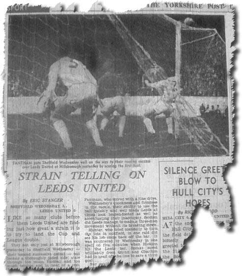 Yorkshire Post 20 April 1965 - Johnny Fantham scores Wednesday's first goal to set them up for a great 3-0 win which nearly destroyed United's title hopes