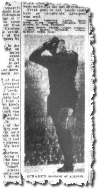 The anguish of Gary Sprake after his mistake at Liverpool two days earlier is clearly captured in the Yorkshire Post on 11 December 1967