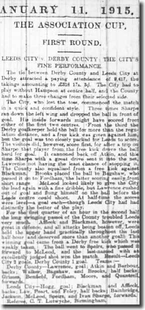 The Yorkshire Post of 11 January 1915 reports City's sterling Cup victory at Derby two days earlier