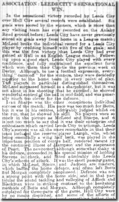 The Yorkshire Post of 18 January 1915 reports City's astonishing 6-2 victory at Hull of two days earlier