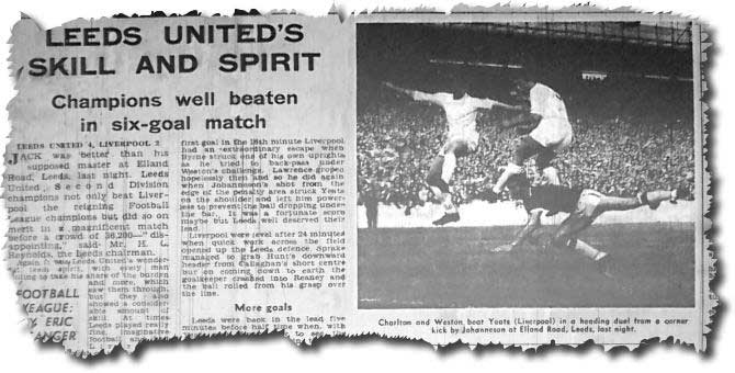 Yorkshire Post 27 August 1964 - featuring United's 4-2 win against Liverpool, with Charlton and Weston beating Yeats in a heading duel from a Johanneson corner