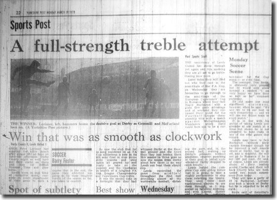The Yorkshire Post of 19 March 1973 reports United's 1-0 FA Cup at Derby of two days earlier