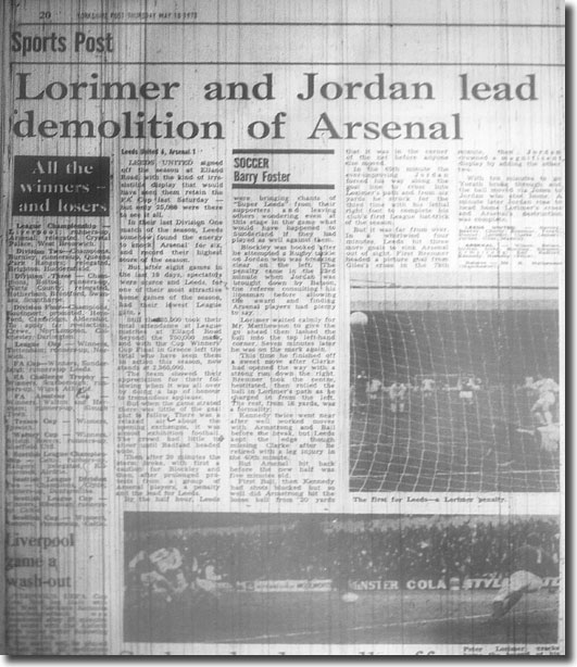 The Yorkshire Post of 10 May 1973 features United's crushing defeat of Arsenal the previous evening and the part played by Lorimer and Jordan therein