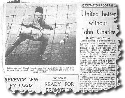 The Yorkshire Post of 3 December 1962 reflecting on life without John Charles and featuring a 3-3 draw at home to Portsmouth - the picture shows Bobby Collins having his penalty kick saved