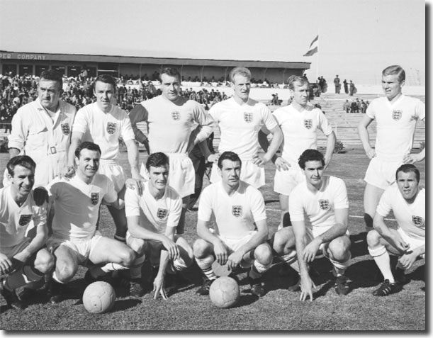 The England team that faced Argentina in the World Cup on 2 June 1962 - Back: Unknown, Greaves, Springett, Flowers, Charlton, Moore. Front: Douglas, Armfield, Peacock, Haynes, Norman, Wilson