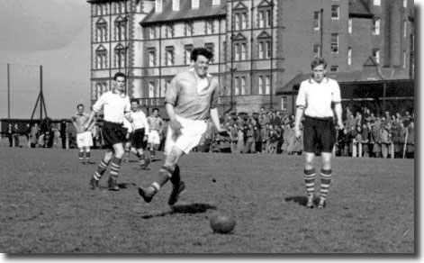 17-year-old Peacock in the white shirt on the left in action for Boro reserves against Whitby in the semi final of the North Riding Senior Cup in April 1955