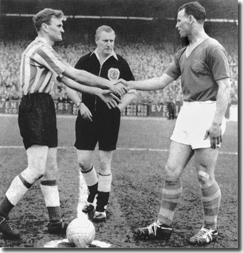 John Charles shakes hands with Sunderland captain Don Revie in the last game before the Welshman joined Juventus