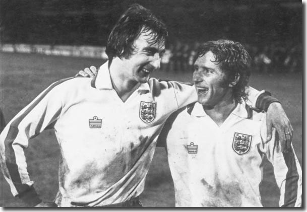 Alan Hudson and Alan Ball enjoy the glow of a memorable 2-0 victory over World champions West Germany in 1975
