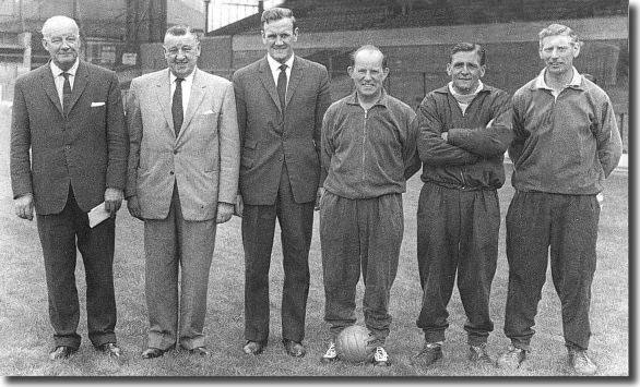 The Leeds United management team in 1962 - Cyril Williamson (general manager), Harry Reynolds (chairman), Don Revie (manager), Bob English (physio), Les Cocker (trainer), Syd Owen (coach)