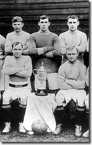 Billy Scott is in the middle of the back row with the old FA Cup after Everton's win in 1906