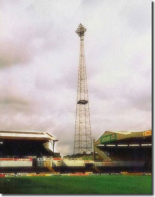 A classic shot of one of the old 260 foot tall Diamond Light floodlights. Three of the four pylons were erected in 1974 and this one, situated at the South East corner of the stadium, was constructed in 1978. Each housed 55 lamps and could be seen for miles around