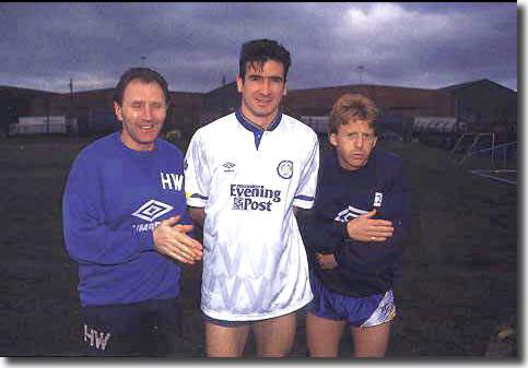Cantona with Wilkinson and Strachan on a bitterly cold West Yorkshire evening in February 1992 just after signing for Leeds