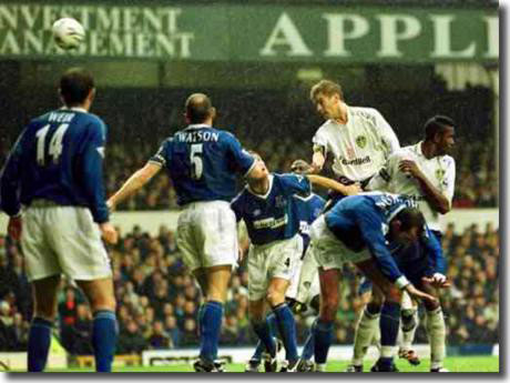 Jonathan Woodgate scores what he thought would be the winner against Everton